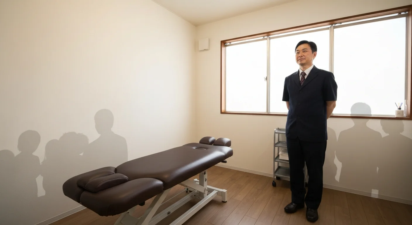 木目の受付カウンターと白い案内サインが整然と並ぶ整骨院の内観、朝のやわらかな自然光が差し込む静かな待合スペース